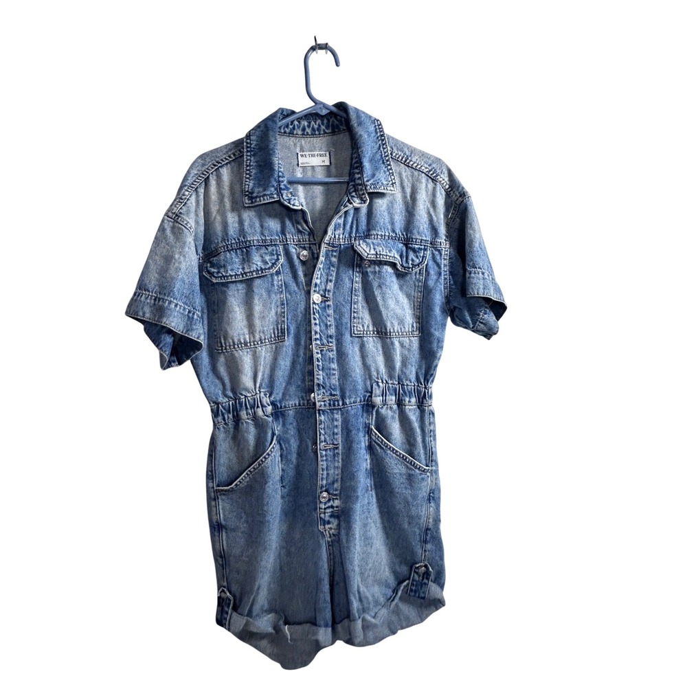 We The Free Denim Romper Size M Blue Short Sleeve Utility Jumpsuit Women